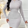Women's Striped Knit Long Sleeve Dress, Waist Cut Out Tie Design, Slim Fit Elegant Fall & Winter Fashion, Moderate Fabric Thickn