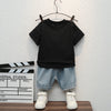 Baby clothes summer children's cartoon short sleeved set boys aged 0-5 solid color T-shirt denim shorts two-piece casual sportsw