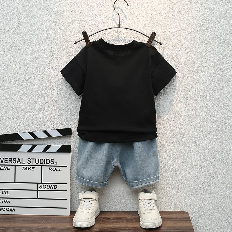Baby clothes summer children's cartoon short sleeved set boys aged 0-5 solid color T-shirt denim shorts two-piece casual sportsw