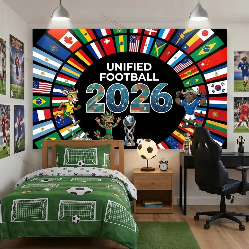 Unique Wall Tapestries Soccer Cup 2026 Flags Tapestry World Football Event Background Cloth Decor Sport Fans Party Banners Decor