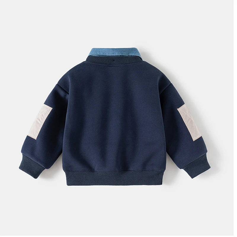 Spring Children Clothes Sweatshirt for Boys Denim Collar Fleece Pullover with Patch Pocket Casual Kids Top Long Sleeve T-shirt