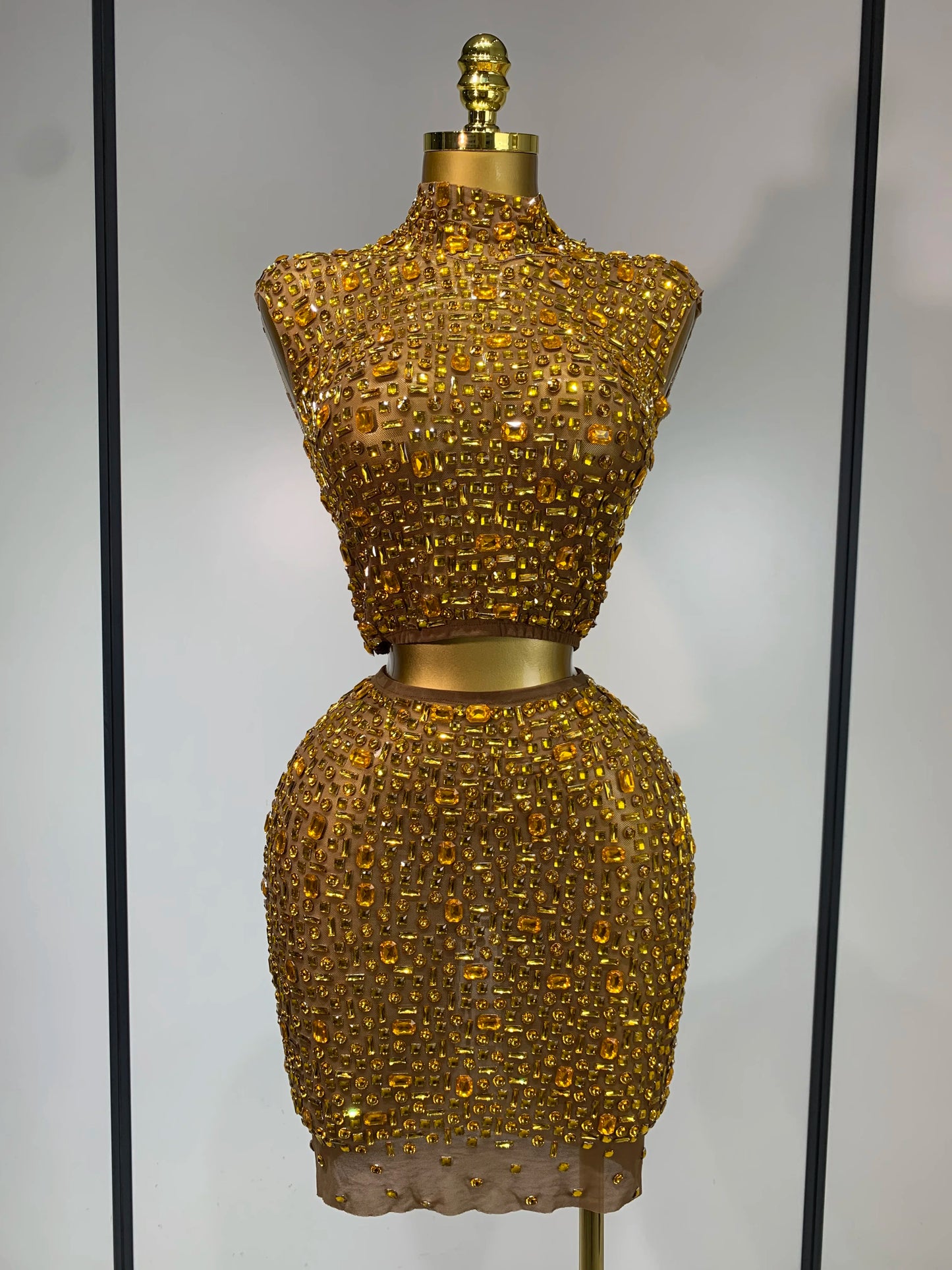 Luxury Rhinestone Mesh See Through Celebrate Birthday Dress Sparkly Top Short Skirt Two Pieces Sets Performance Stage Costume