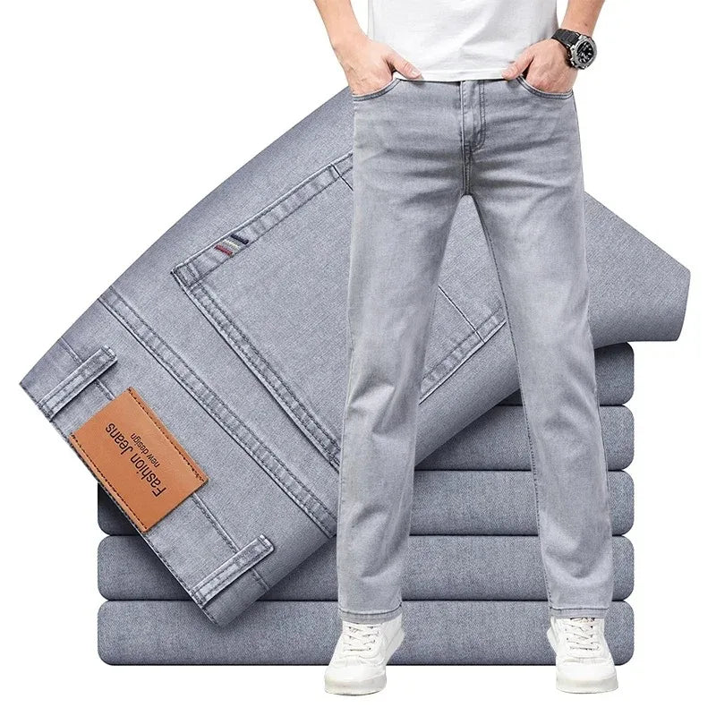Sommer elastische Herrenjeans Mode Grau Bequeme Business Straight Stretch Baumwolle Casual Denim Hose Marke Männliche Dünne Hosen