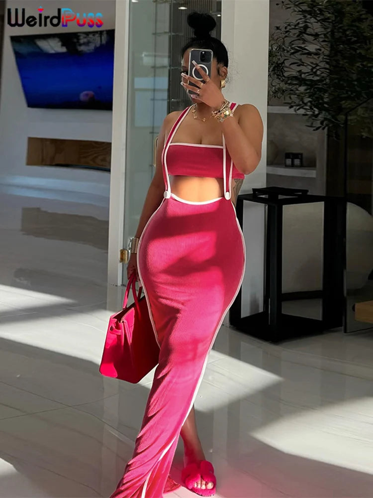 Weird Puss Summer Trend 2-teiliges Set Damen Weißer Saum Trägerloses Oberteil + Trägerkleid Elastische Streetwear-Outfits