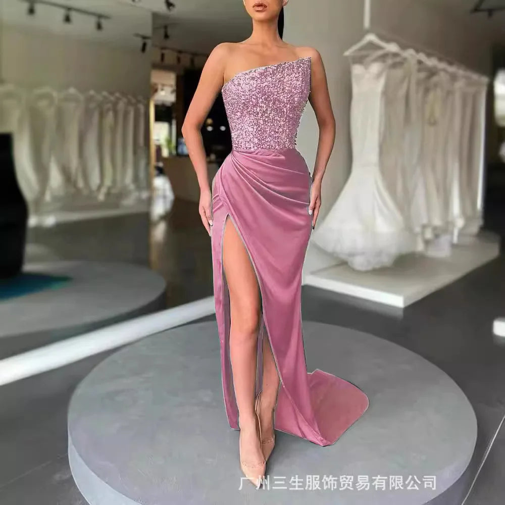 2025 Damen Trägerloses Ärmelloses Abendkleid Pailletten Seitenschlitz Lange Kleider Elegant Neu Sexy Bling Party Ballkleid Vestidos Damen
