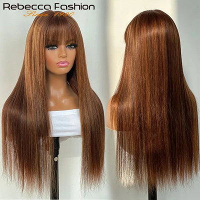 Rebecca Highlight P4/30/27 Human Hair Wigs Straight With Bangs Fringe Brazilian Straight Human Hair Wigs Full Machine Made Wigs
