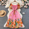 YuooMuoo Fashion Sommer Blumenmuster Langes Kleid Damen Vintage Eckiger Ausschnitt Geraffte Brust Schärpe Bandage Sundress Party Kleider
