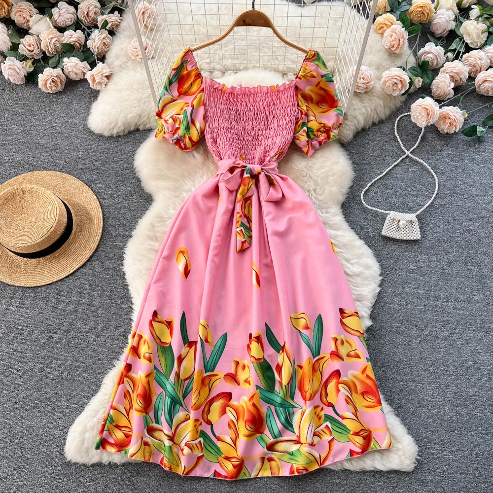YuooMuoo Fashion Sommer Blumenmuster Langes Kleid Damen Vintage Eckiger Ausschnitt Geraffte Brust Schärpe Bandage Sundress Party Kleider