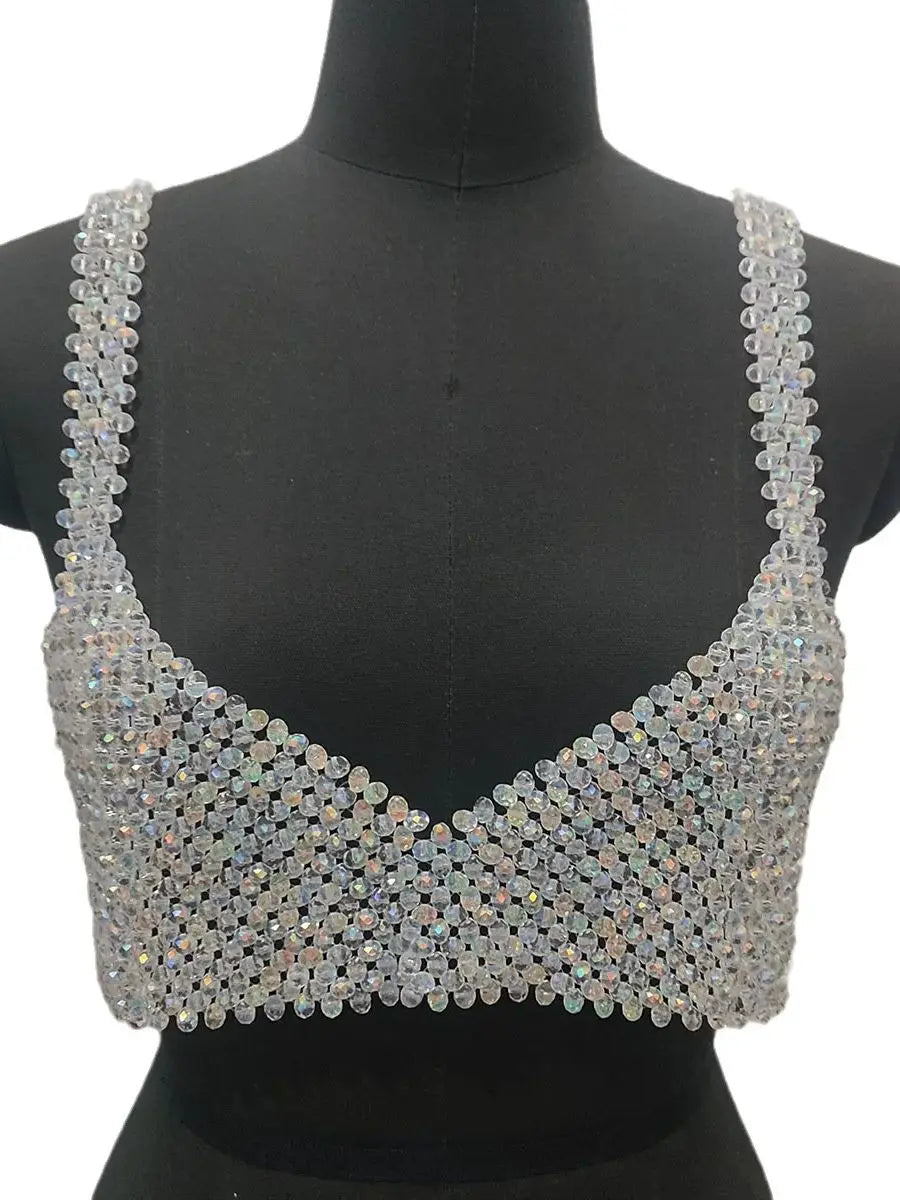 Handmade Crystal Top Women Fashion Beaded Bra Beading Tops Ladies Pearl Cape Smock Outwear Woman Celebrity Covery Top