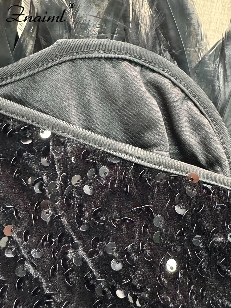 Znaiml Luxuriöse Geburtstagskleider für Damen, mit Federn, Pailletten, trägerlos, tiefem V-Ausschnitt, Schwarz, eng anliegend, Mini-Kleider, sexy Club Party Nacht Abschlussball Robe