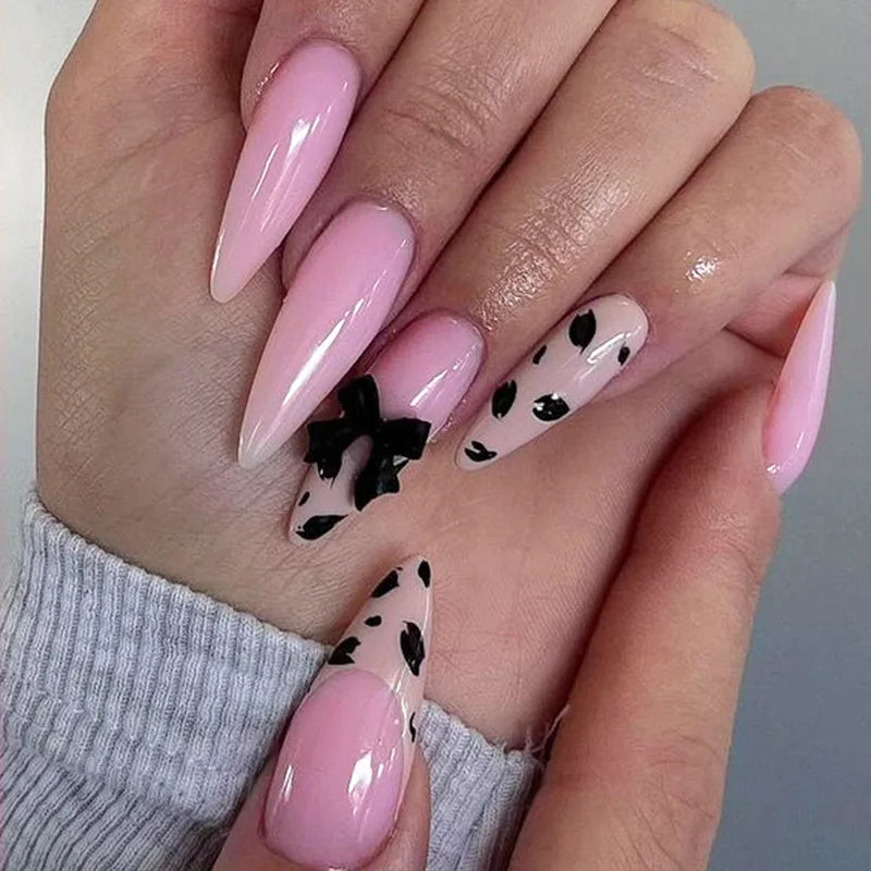 24 Stk. lange Ballett French Press-on-Nägel mit niedlicher rosa Schleife, glänzendem Diamant-Dekor, falsche Nagelspitzen, tragbare süße koreanische künstliche Nägel