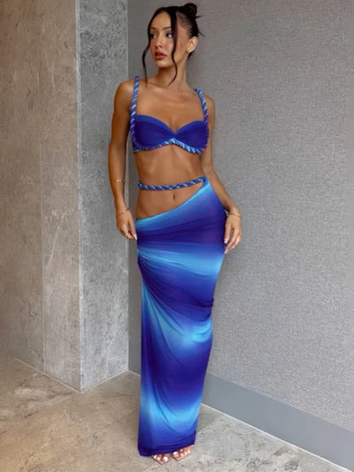 Nibber Sexy Damen 2-teiliges Set Bandage geraffter eckiger Kragen BH + enge lange Röcke Sommerurlaub Strandparty Trend Anzüge 2025