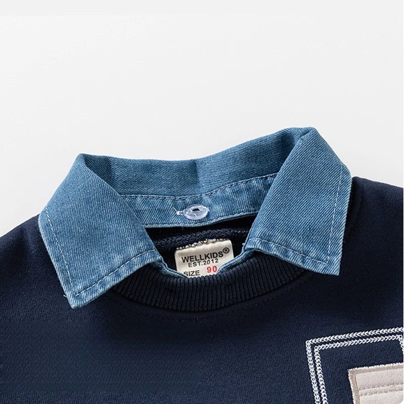 Spring Children Clothes Sweatshirt for Boys Denim Collar Fleece Pullover with Patch Pocket Casual Kids Top Long Sleeve T-shirt