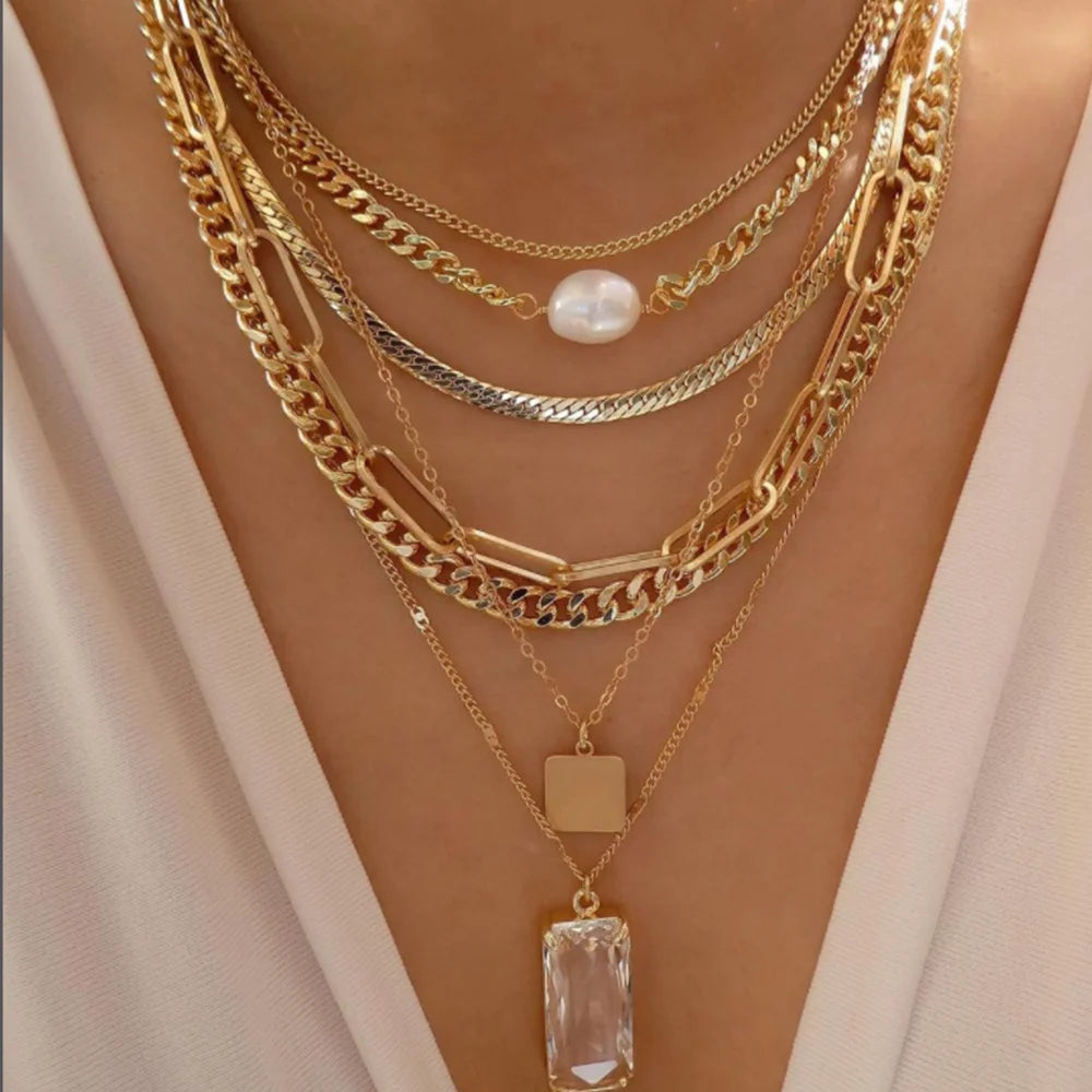 bls-miracle Bohemia Gold Color Multiple Styles Necklace For Women Trendy Multi-Layer Crystal Pendant Necklaces Set Jewelry Gifts