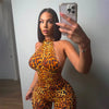 Blumendruck Sommer Caprihosen Jumpsuits Damen Sexy Ärmellose Schnürung Neckholder Rückenfrei Geraffte Peach Hips Slim Rompers