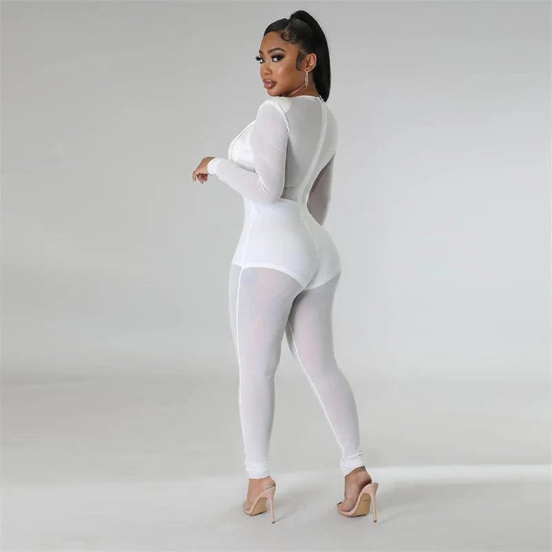 Sexy Mesh Patchwork Transparenter Club-Bodycon-Jumpsuit für Damen, durchsichtiger Einteiler-Overall, Clubwear, Party-, Geburtstagsoutfits
