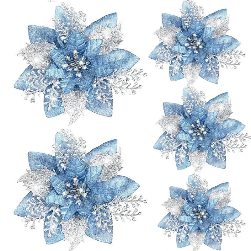 5 Stück 14,5 cm Glitzer künstliche Weihnachtsblumen fröhliche Weihnachtsbaumdekoration Neujahrsornamente gefälschte Blumen Weihnachten Natal