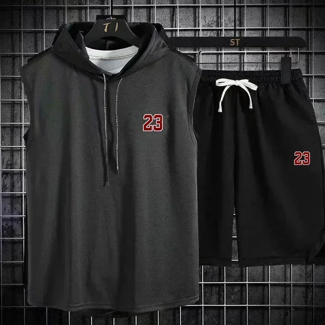 Summer New Men's Sleeveless Hooded T-shirt+shorts pants Sports two-piece set gym  Fashion  Casual Men Women Sports Two Piece Set