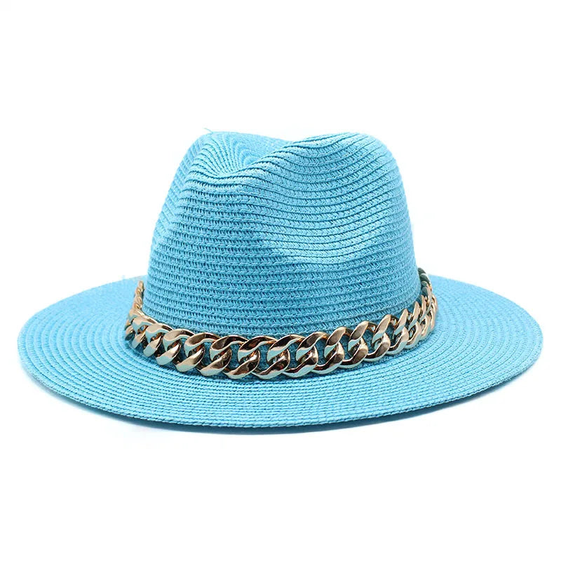 Set Straw Hat and Bag Set Gold Chain Bag Hat Set Ladies Leather Bag Tote Church Fedora Party Jazz Straw Hat