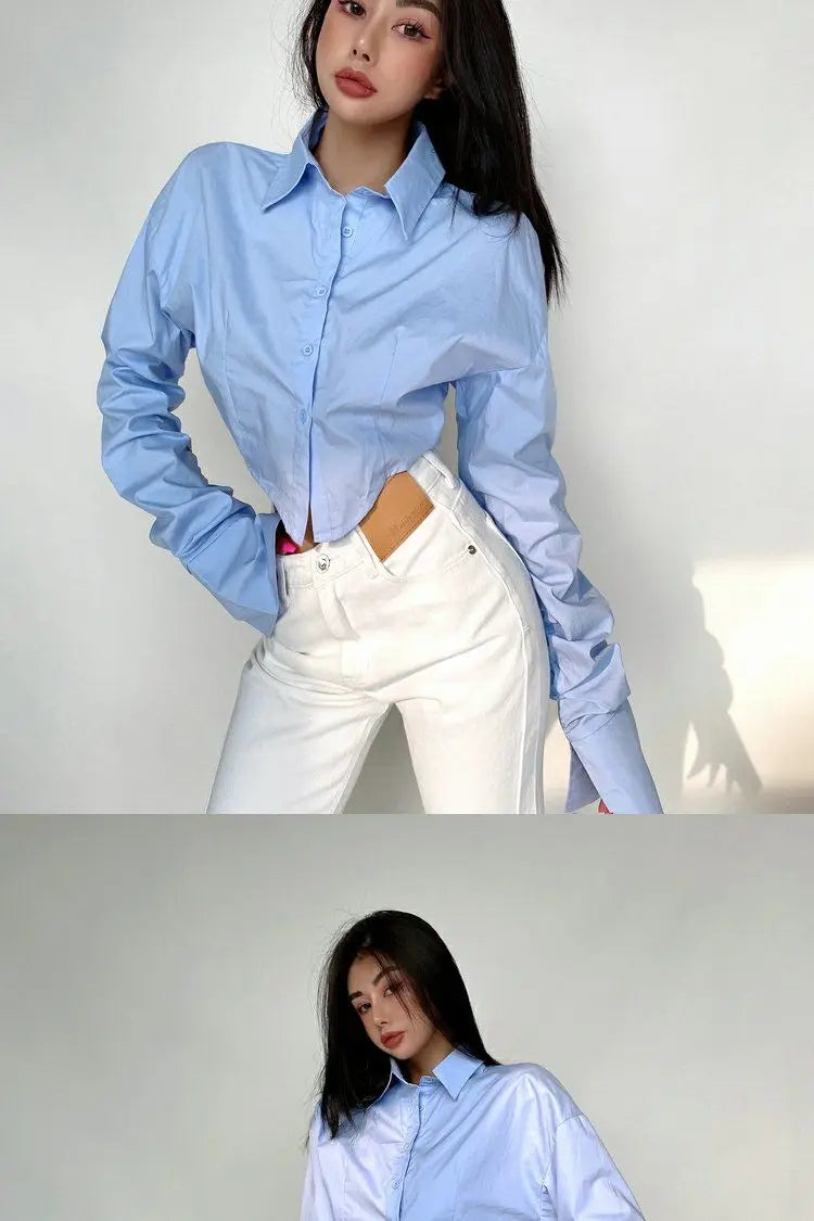Zadily 2025 Summer Korean Style Long Sleeve White Shirt Women Sexy Button Ladies Crop Tops Blouse Street New In Female Clothing