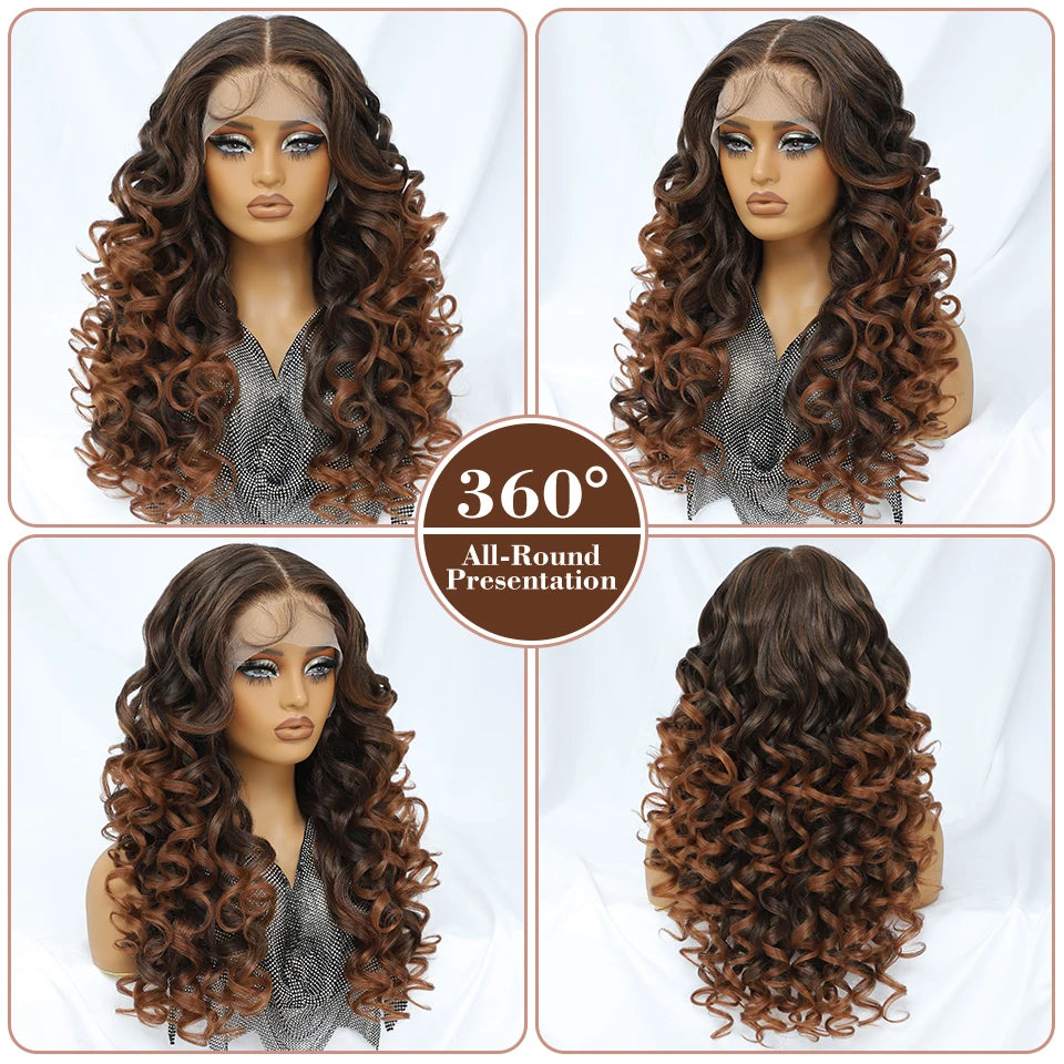 Latisha 13X6 HD Synthetische Spitzenfrontperücke lockig vorgezupfte Lace-Frontal-Perücke mit Pony für Damen, Highlights mit Babyhaar, 24 Zoll