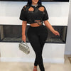 Joskaa Elegant 2 Piece Set Women Sexy Hollow Pin Short Sleeve Crop Tops and Pencil Pants Matching 2025 Summer Party Club Outfits