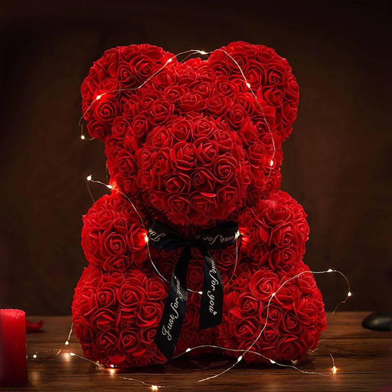 Valentinstagsgeschenke Dekoration Rosenbär Künstliche Blume mit Box Lichter Teddybär für Frauen Freundin Geburtstagsgeschenk Liebesblume