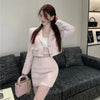 Elegant Fashion Pink Tweed Suit Women's Autumn 2023 Y2k High Quality Blazer Coat+Bag Hip Skirt Commuting Two-Piece Set