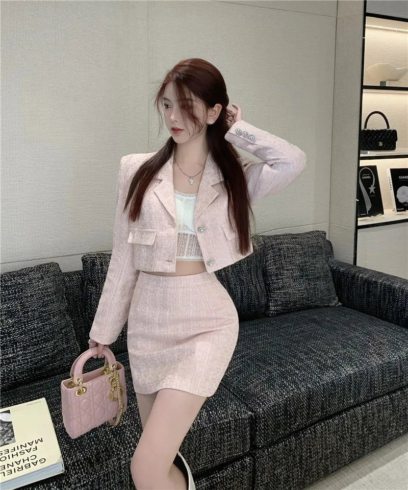 Elegant Fashion Pink Tweed Suit Women's Autumn 2023 Y2k High Quality Blazer Coat+Bag Hip Skirt Commuting Two-Piece Set