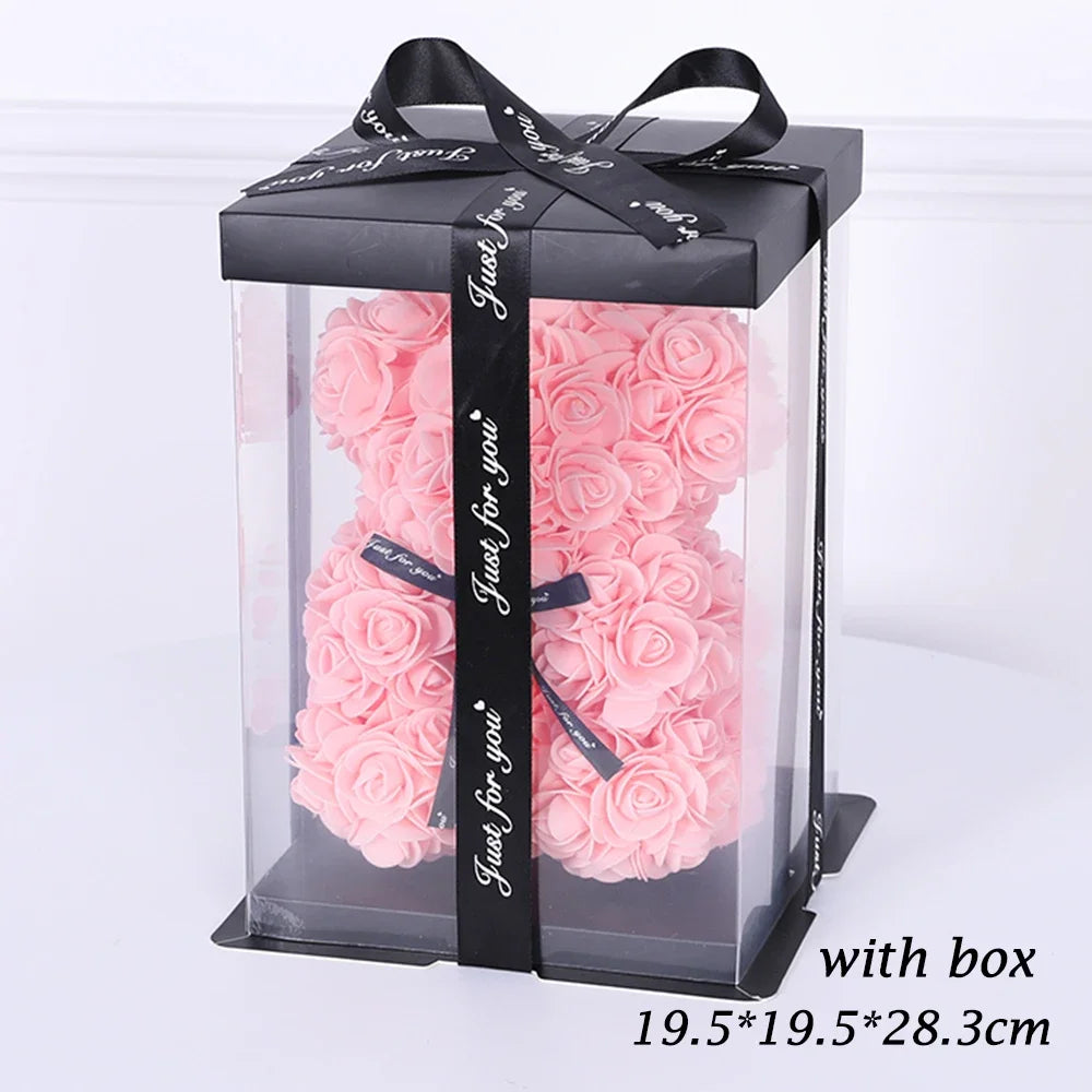25cm Artificial Teddy Rose Flower Bear with Box Romantic Valentines Day Gift Girlfriend Women Mother Birthday Wedding Party Deco