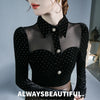 Black Vintage Doll Collar Polka Dot Gold Velvet Top Women's Autumn and Winter Gauze Splicing Perspective Sexy T-shirt