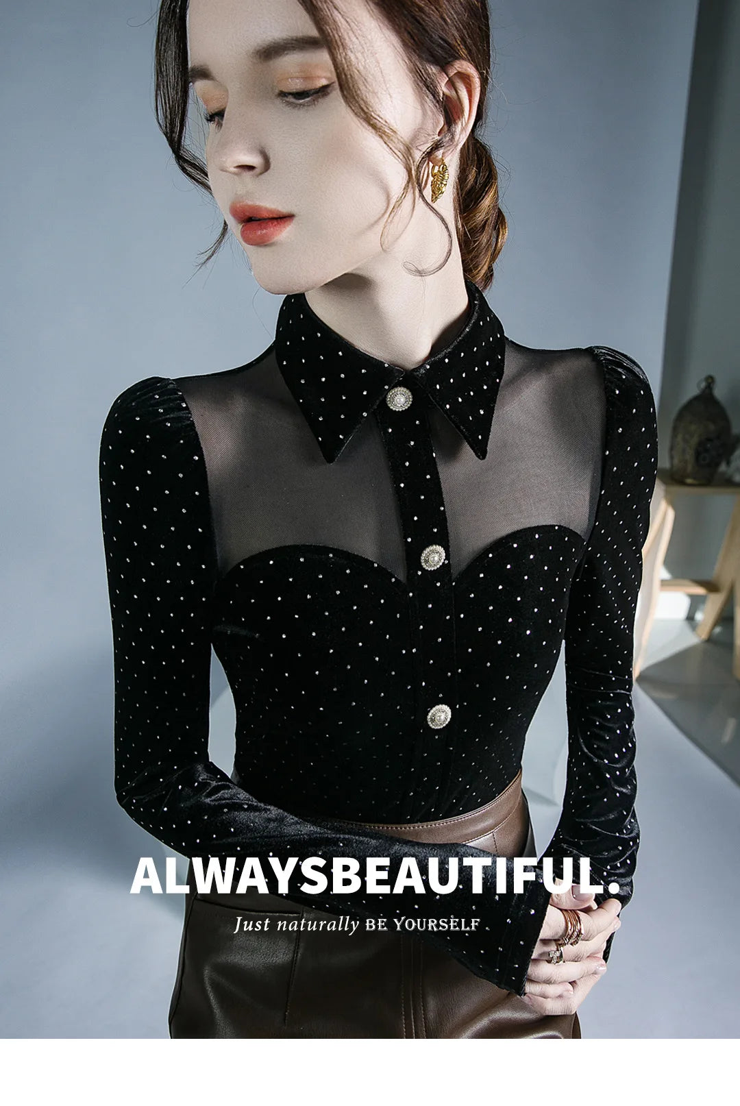Black Vintage Doll Collar Polka Dot Gold Velvet Top Women's Autumn and Winter Gauze Splicing Perspective Sexy T-shirt