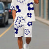 Fashion Men's Black and White Flower Graphic Print T-shirt Shorts 2-piece Set O-neck Short Sleeve Top Elastic Waist Shorts Set