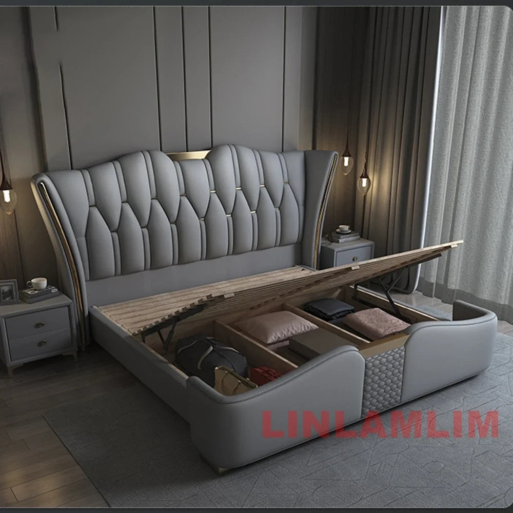 MINGDIBAO Luxuriöses, modernes Polsterbettgestell mit Goldakzenten, Designer-Bett aus echtem Leder, Schlafzimmermöbel in Queen-/King-Size