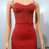 Dresses For Women 2022 Autumn Red Sexy Glamorous Party Rhinestone Sheer Mesh Spaghetti Strap V-Neck Bodycon Mini Cami Dress