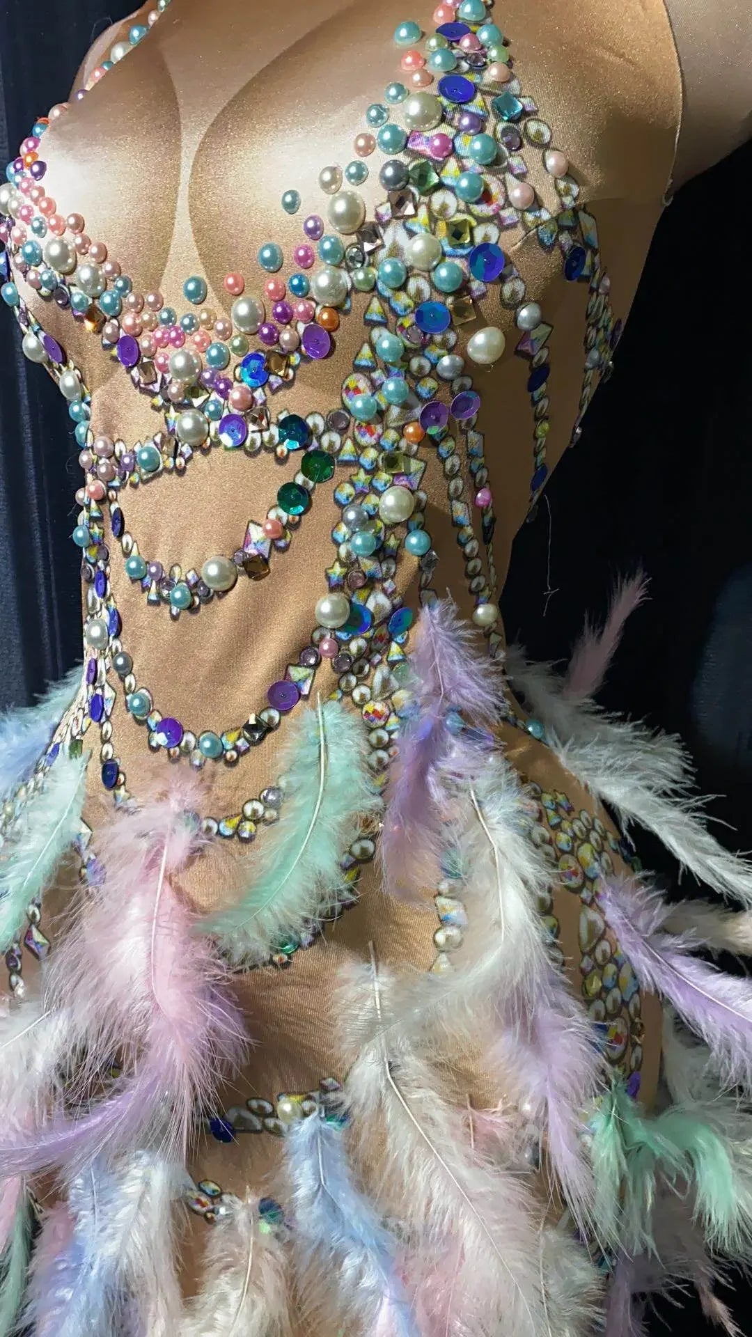 Nightclub Party Celebration Sexy Feather Rhinestone Dress Women Elastic Sleeveless Prom High Slit Dress Stage Performance Outfit