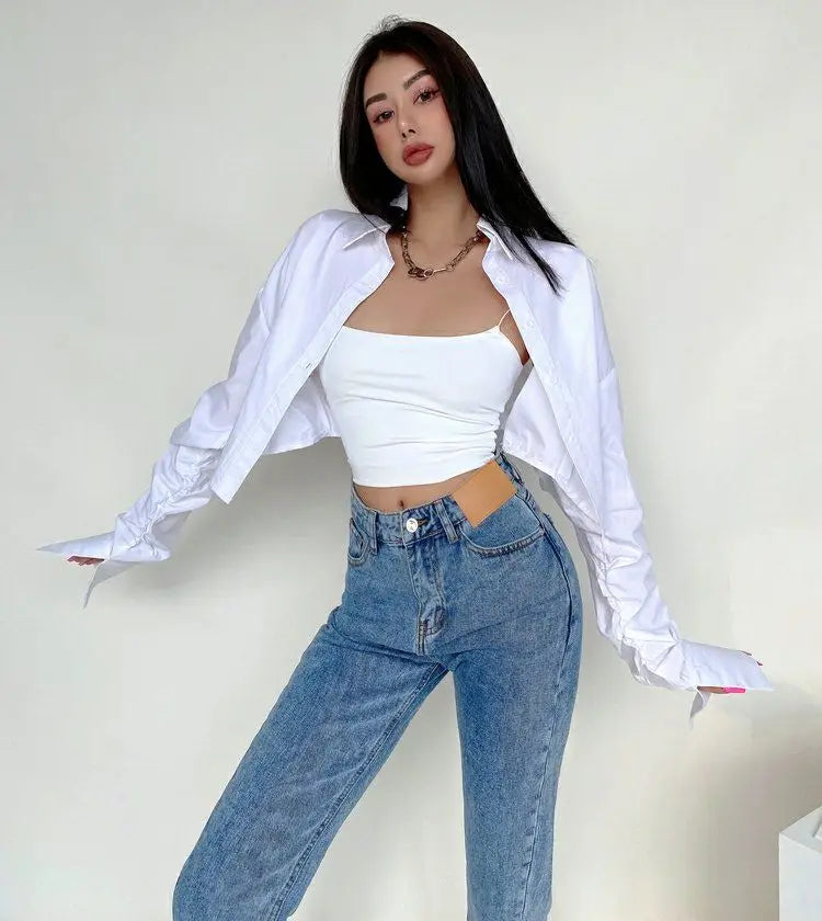 Zadily 2025 Summer Korean Style Long Sleeve White Shirt Women Sexy Button Ladies Crop Tops Blouse Street New In Female Clothing