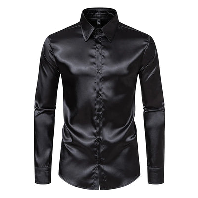 Herren Schwarz Satin Luxus Hemden Mode Seidig Glattes Smokinghemd Einfarbig Hochzeit Party Abschlussball Freizeit Hemd Business Büro