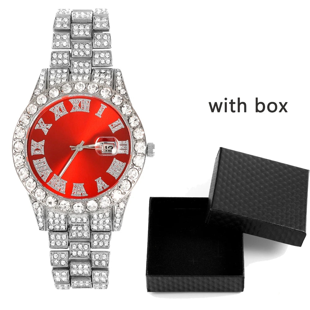16mm Hip Hop Miami Cuban Link Chain Set Necklace +Watch+Bracelet Creative Iced Out Shiny Trendy Stylish Jewelry For Women Men