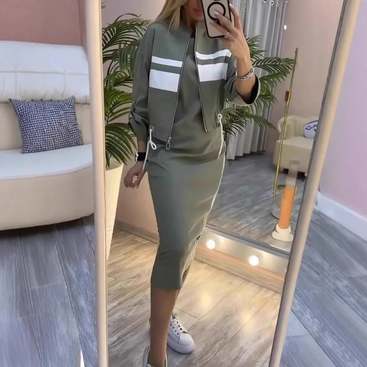 Women's Fashion Color-blocked White Striped Hip-covering Sweatshirt Dress 2piece Set Female Casual Zipper Jacket Coat Dress Suit