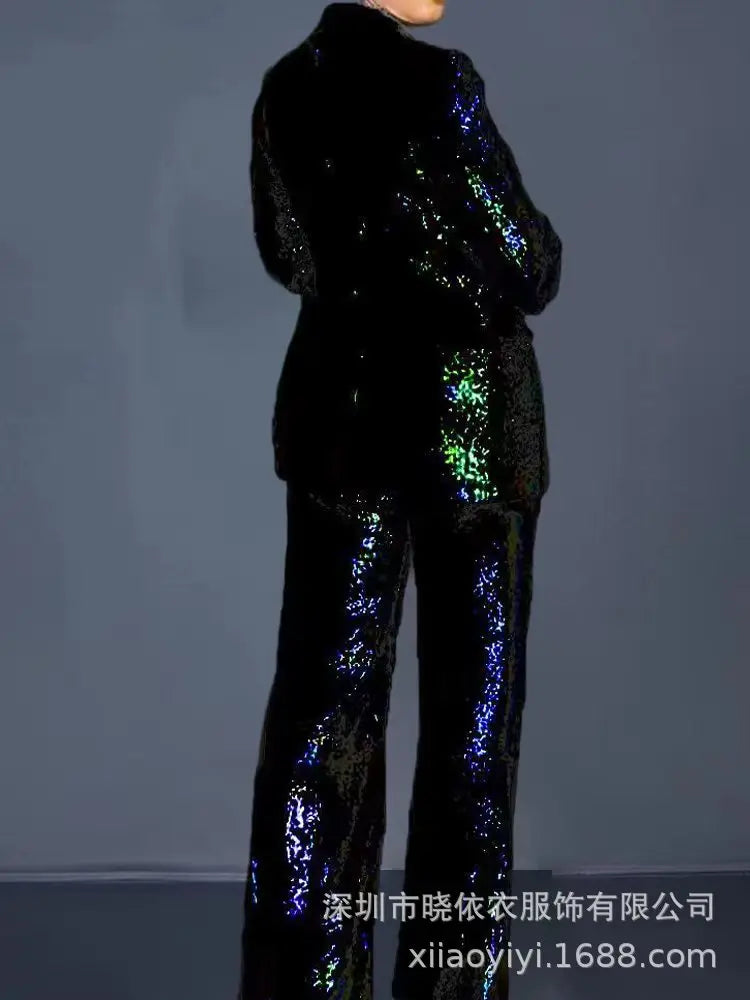 Sequin Blazer V-Neck Two Piece Pant Suit Set