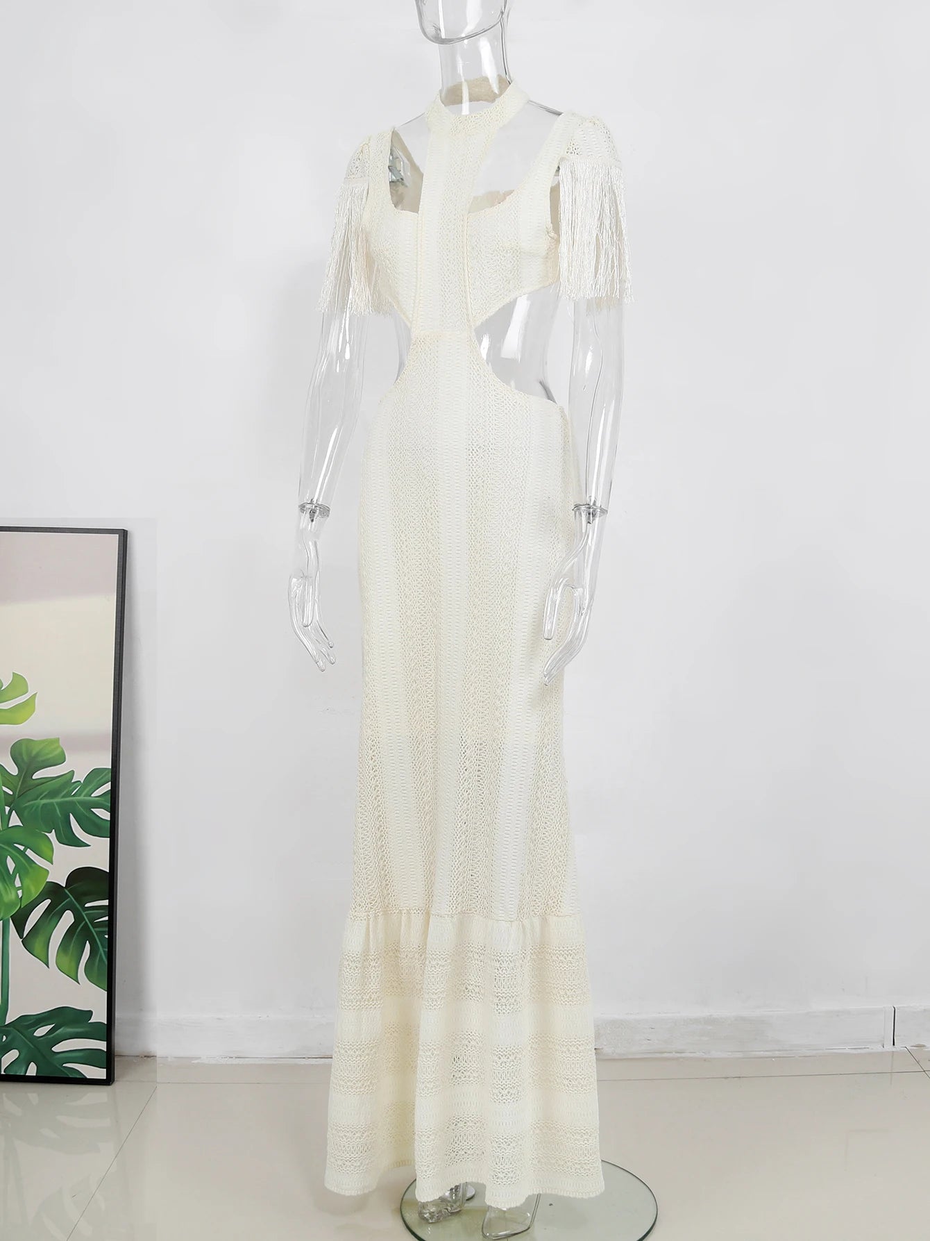 Sexy White Lace Women Dress Turtleneck Tassel Sleeve Slim Naked Waist Hollow Out Long Dress Summer Beach Female Knit Robe