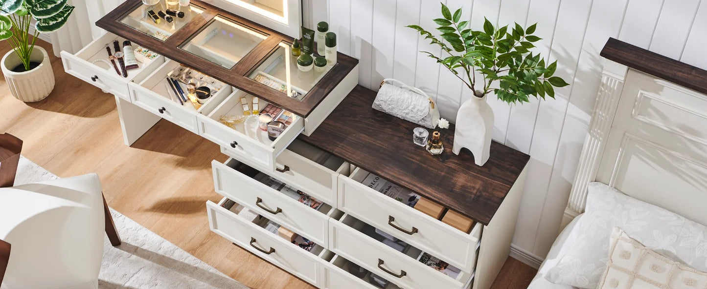 69" B rustikale Schlafzimmerkommode aus Holz mit Glasplatte, 9 großen Schubladen, 3 farbigen Leuchten und 30" HD-LED-Spiegel