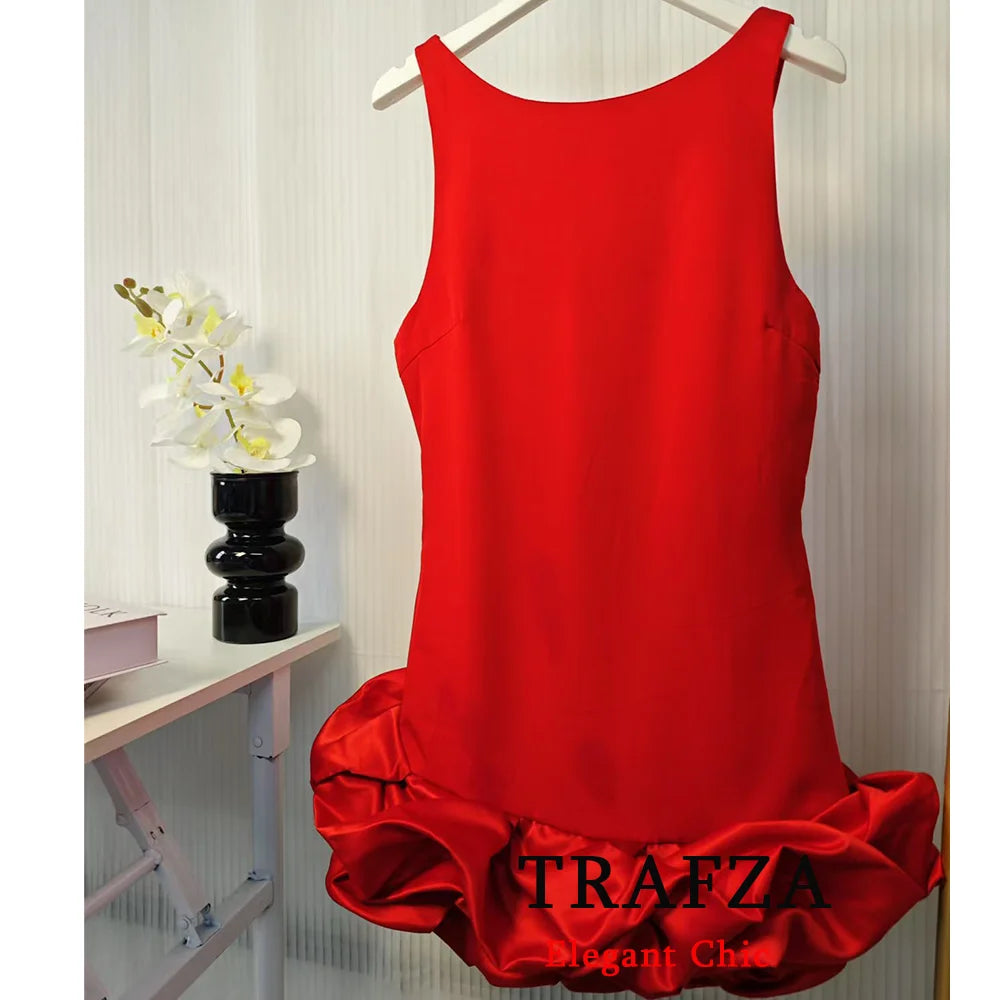 TRAFZA Sexy Solid White Flower Bud Tierred Red Mini Dress Safety Pants Women Dress New 2025 Spring Autumn Fashion Party Dress