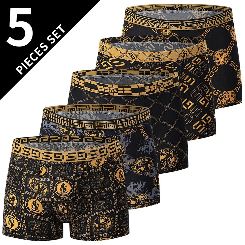 5/10er Pack Herren Boxer-Unterhosen, Schwarz Gold Bedruckt, Bequem und Vielseitig, Übergröße, Sexy, für junge Männer, Freizeit, Sport, Strandsh