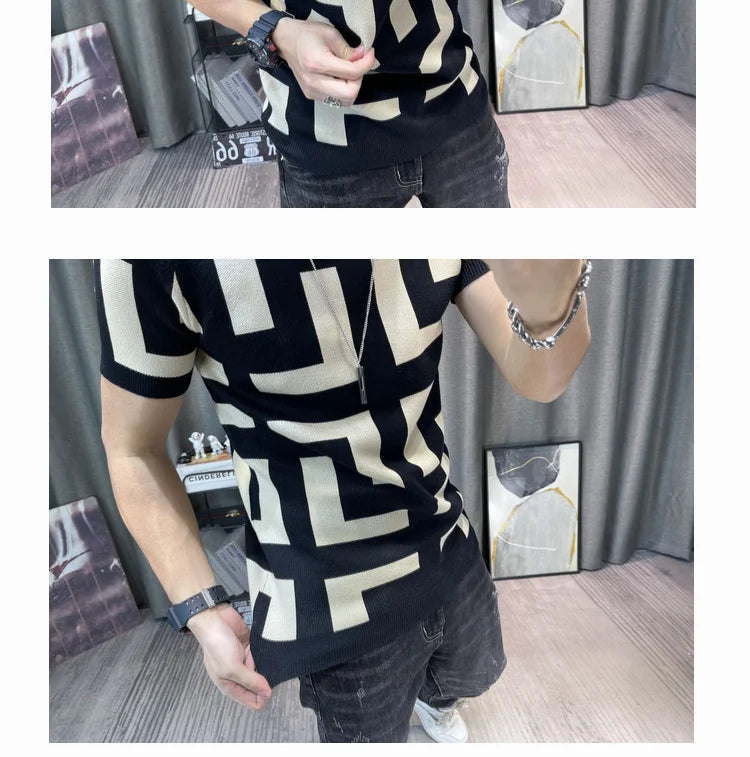 Luxury Men Autumn Knitted Tshirt 2024 Korean O-neck Short Sleeve Top Tees Streetwear Male Social Club Slim Fit Casual T-Shirt