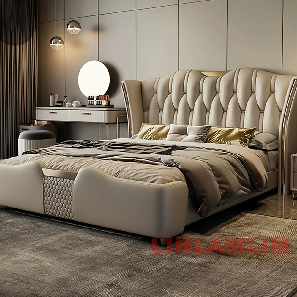 MINGDIBAO Luxuriöses, modernes Polsterbettgestell mit Goldakzenten, Designer-Bett aus echtem Leder, Schlafzimmermöbel in Queen-/King-Size