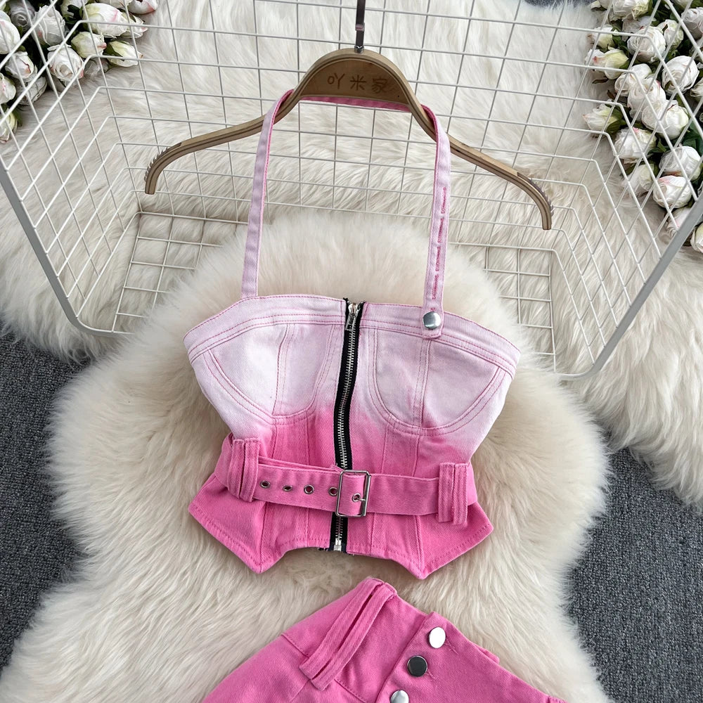Pink Gradient Jeans Skirts Set Girl Fashion Denim Sleeveless Camisole Vest Top Two-piece Set Mini Bodycon Strap Skirt Summer