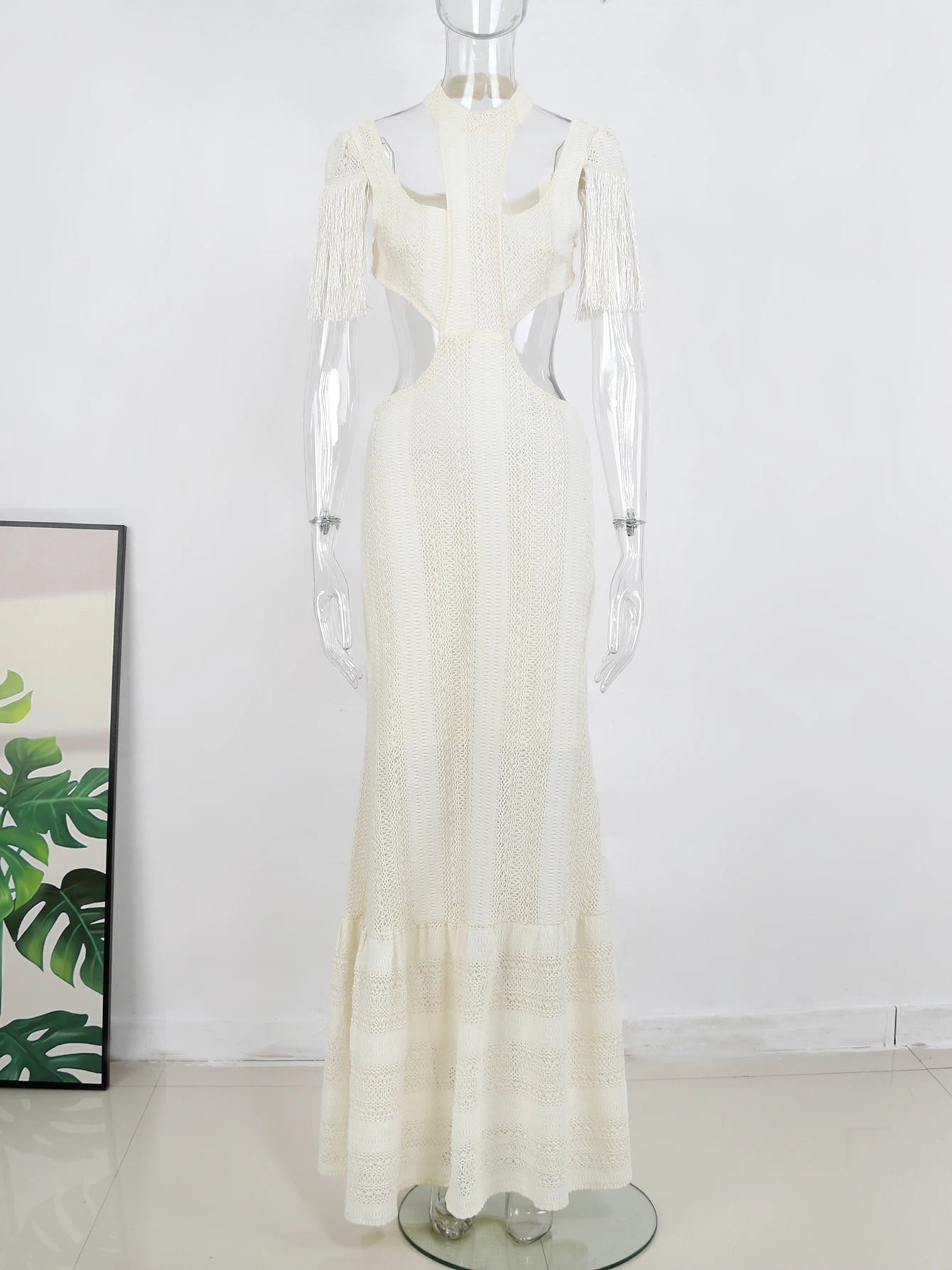 Sexy White Lace Women Dress Turtleneck Tassel Sleeve Slim Naked Waist Hollow Out Long Dress Summer Beach Female Knit Robe