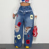 European and American High Street Ripped Jeans Women Double Waist Letter Patch Wide Leg Pants Floor Mopping Pants Loose Straight